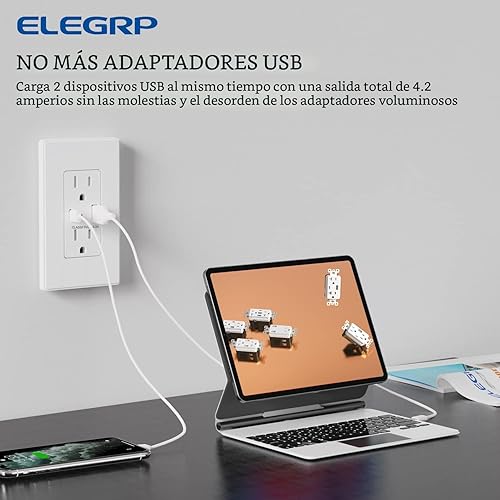 Miniatura 9 de ELEGRP Toma USB, toma de pared de 15 amperios con puertos USB, receptáculos de salida USB de 21 W con puertos tipo A y tipo C, receptáculo