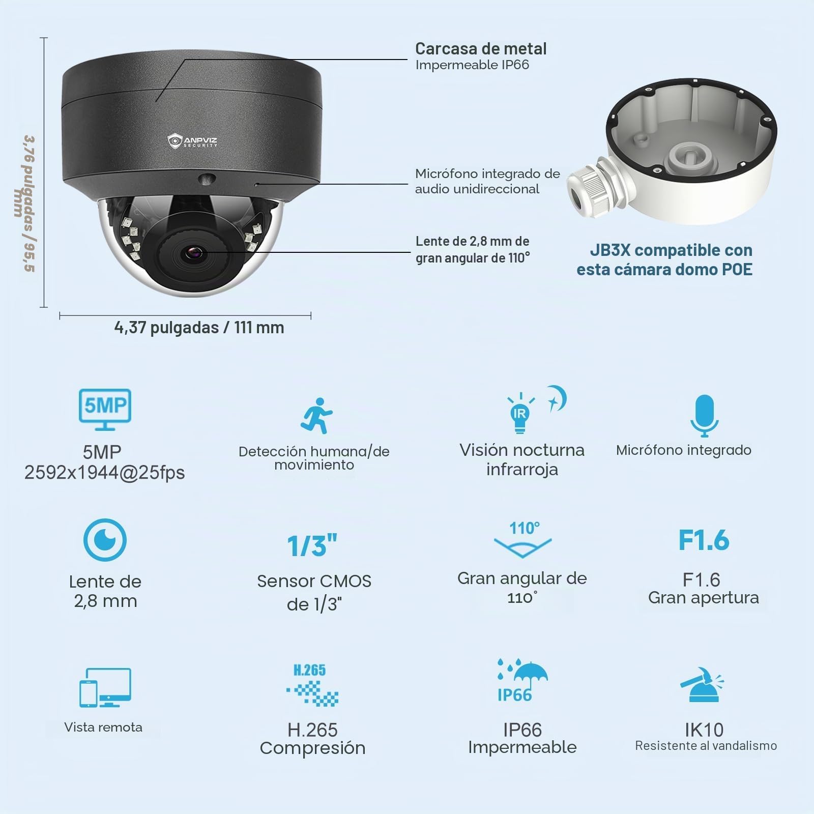 Anpviz 5MP PoE IP Camara Vigilancia Exterior, 30m IR Visión Nocturna | 30m Visión Nocturna Infrarroja, Lente 2,8 mm, Micrófono, Todo Metal, Cableado, Sin Adaptador, IP66 (Serie U)