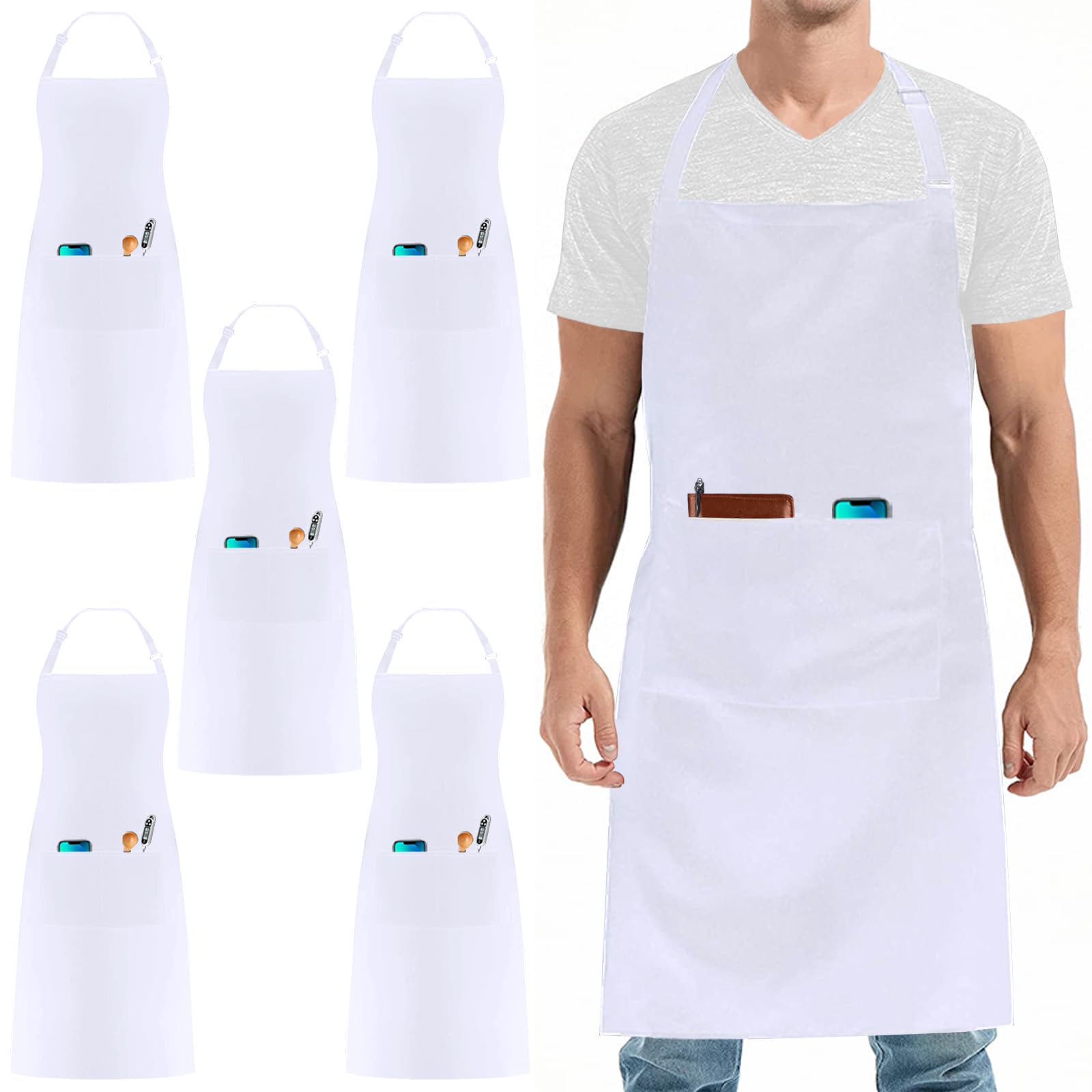Lot de 5 Tablier de Chef Noir Blanc, Cuisine Tablier pour Femme Homme Restaurant Café Travail (Réglable, 3 Poches)