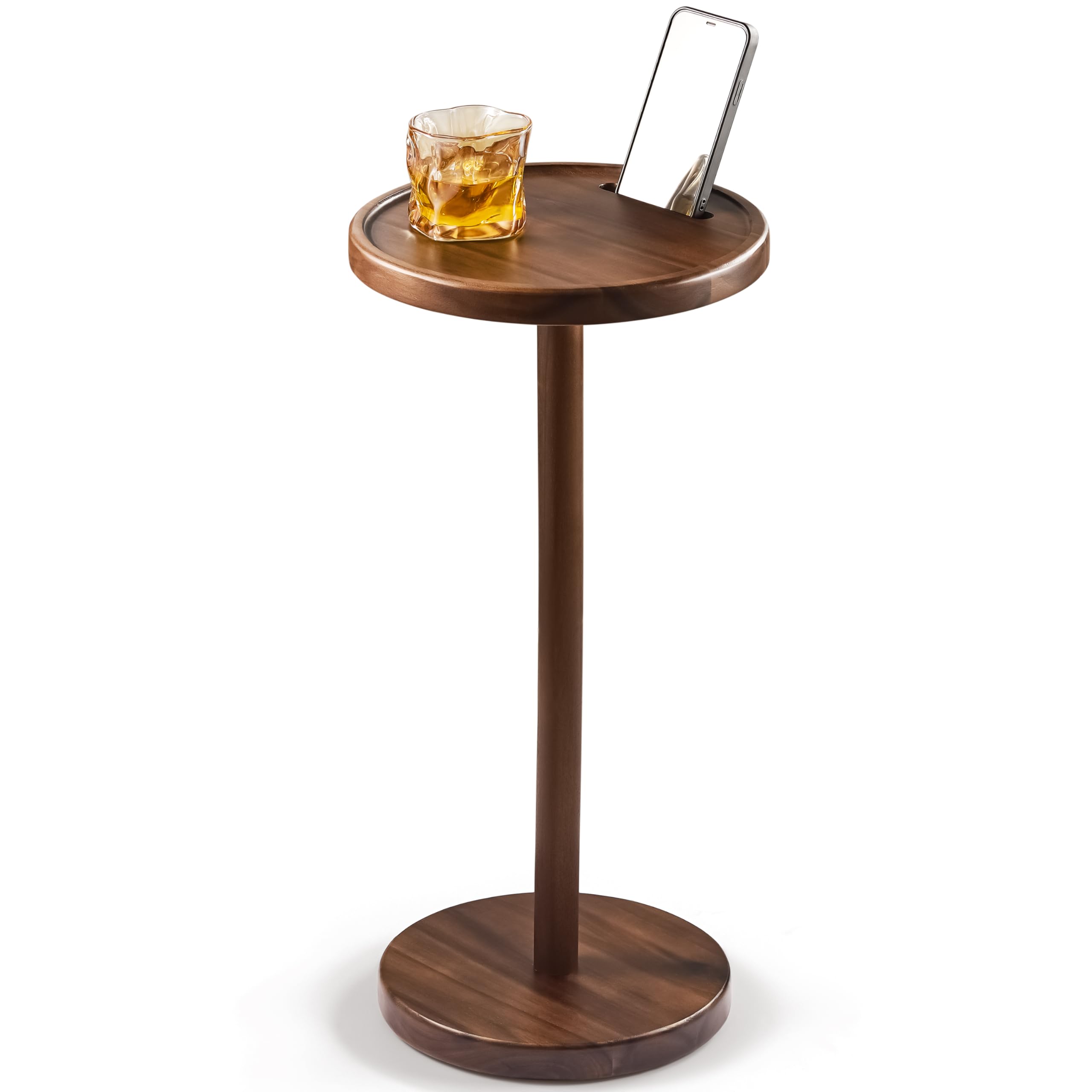 Mesa de bebidas, mesa auxiliar compacta de 24.4 pulgadas de alto con ranura para teléfono y base pesada, mesa de pedestal duradera para sala de estar (plana, nogal)