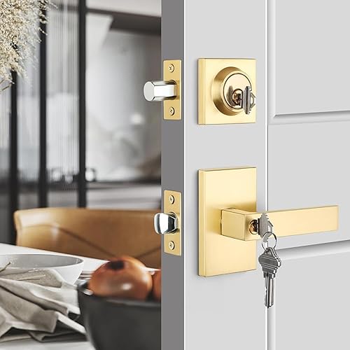 Haidms Juego de cerraduras doradas para puerta exterior con cerrojo, manija de puerta delantera dorada y cerrojo, cerraduras de puerta de entrada