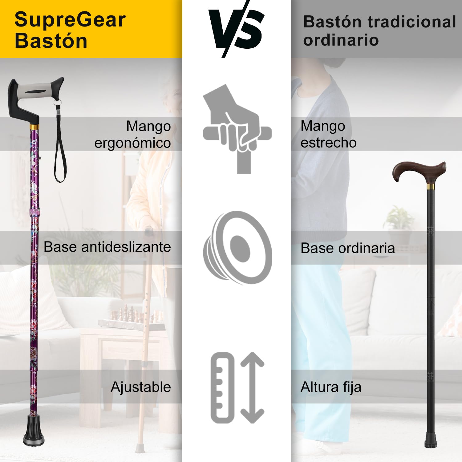 supregear Bastón para Caminar – Bastón Ajustable y Colapsable Compacto Plegable, Unisex, Punta Resistente Todo Terreno y Mango en T Ergonómico Suave para Personas Mayores y Adultos