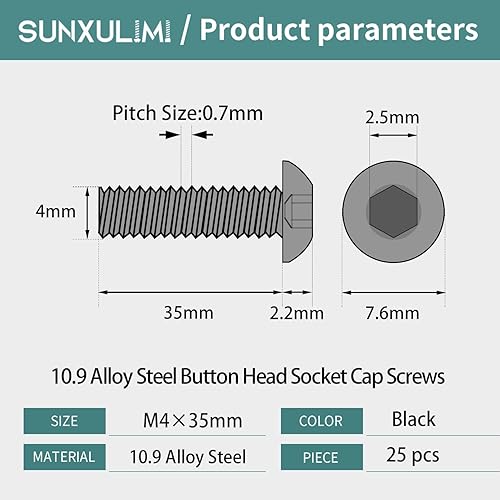 Miniatura 2 de SUNXULIMI Tornillos de cabeza de botón M4 x 1.378 in, acero de aleación de grado 10.9, acabado de óxido negro, accionamiento hexagonal métrico