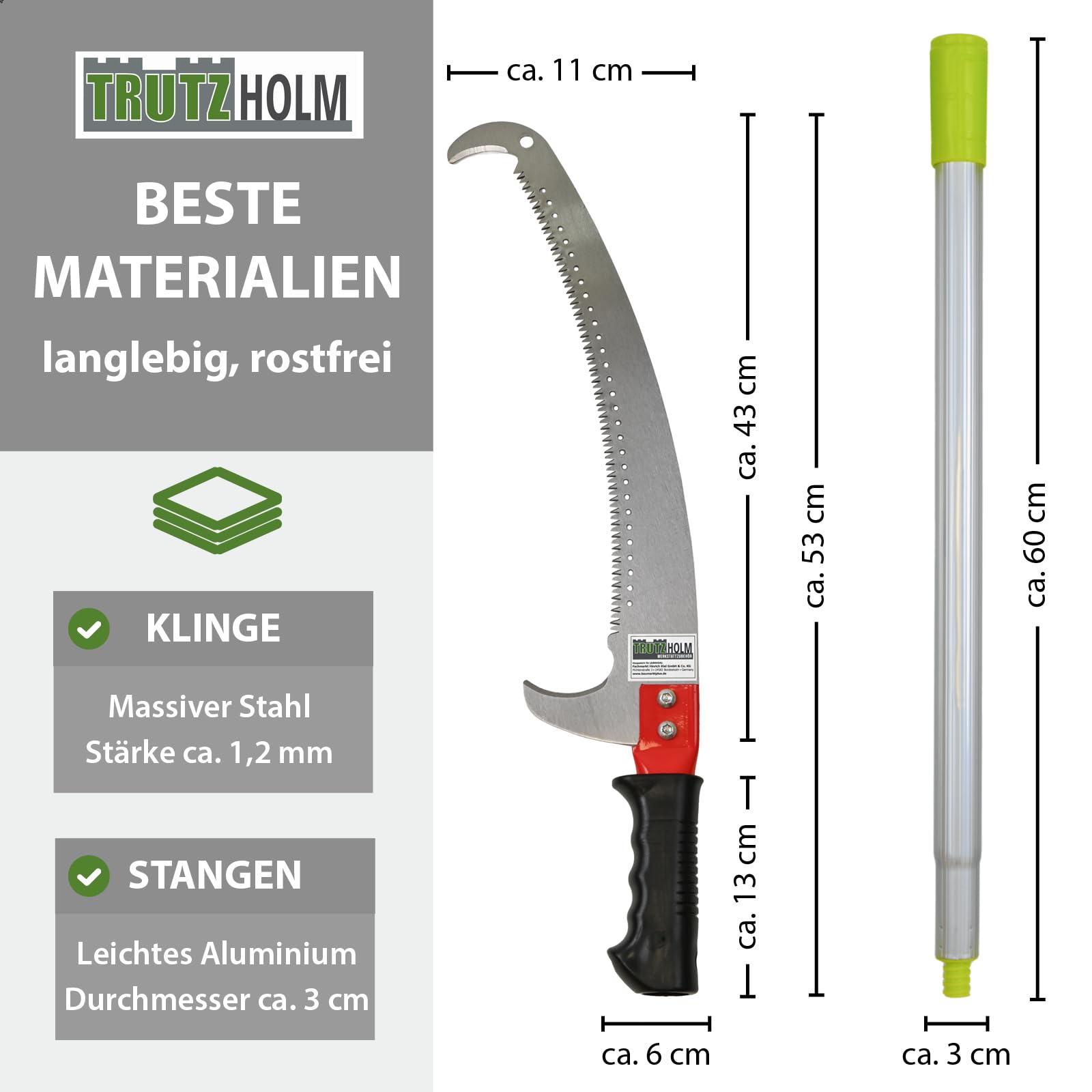 TRUTZHOLM Astsäge Teleskop [6,3] m Arbeitshöhe - Stangensäge mit 7 Alu-Steckstangen, 43 cm Doppelhaken-Klinge beidseitig gezahnt, auch als Handsäge, inkl. Tragetasche
