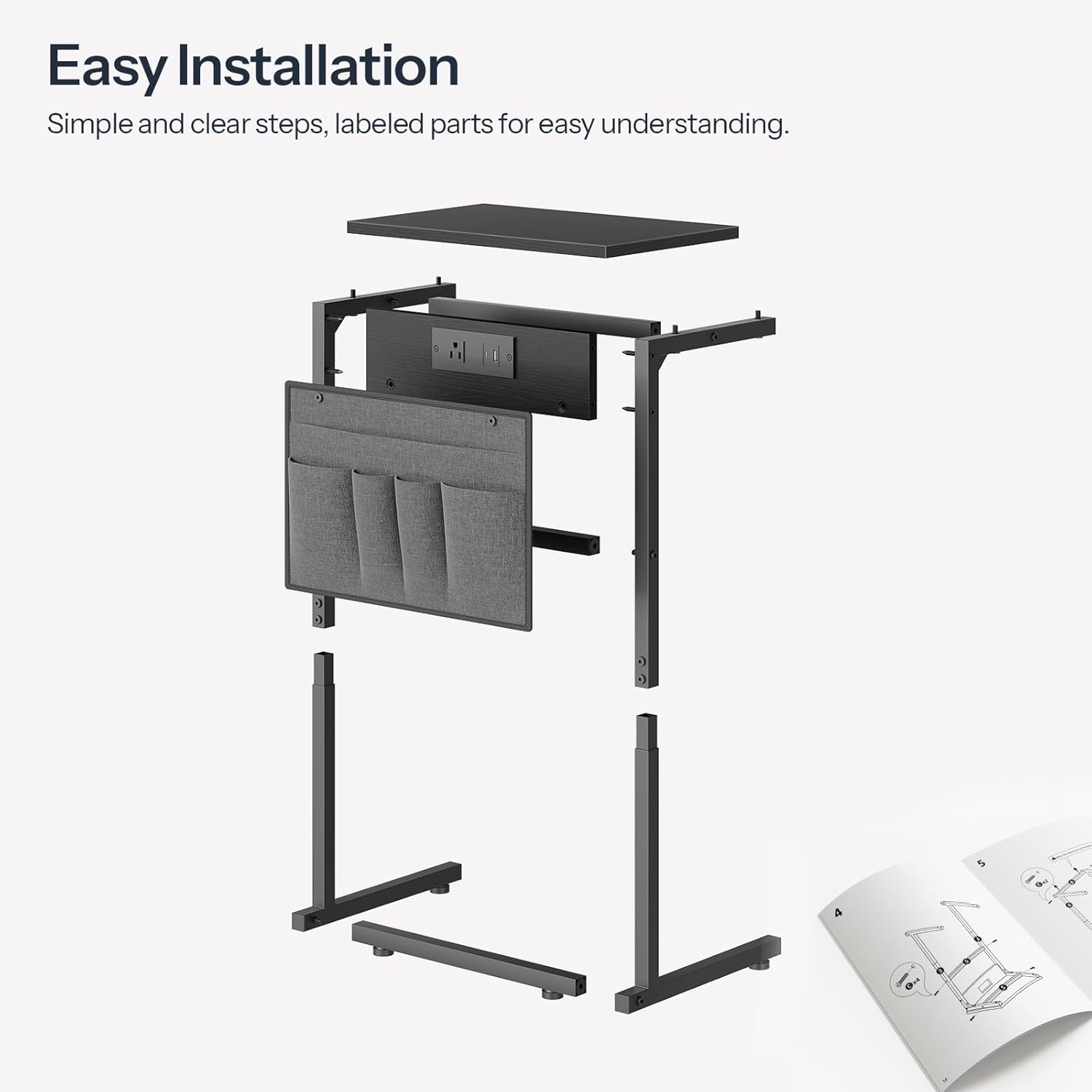 HOOBRO C Shaped End Table with Charging Station, 28" Tall Couch Table for Couch and Recliner for Small Spaces, Slide Under Sofa Table TV Tray with Storage Bag for Living Room, Black BB70USF01