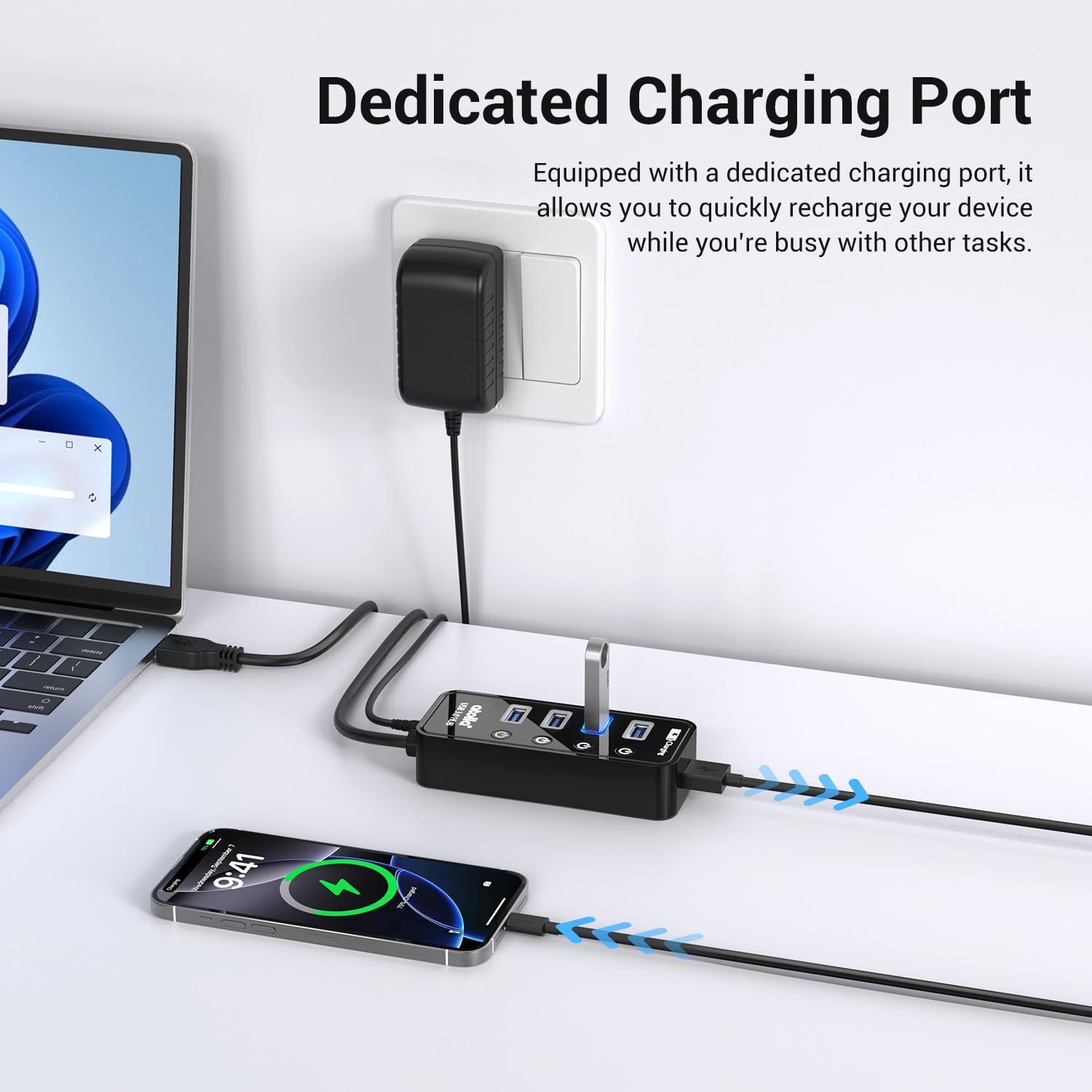 Atolla 4-Port USB 3.0 Hub with 4 Data Ports, 1 Smart Charging Port, Individual On/Off Switches and 5V/3A Adapter — Amazon image 3