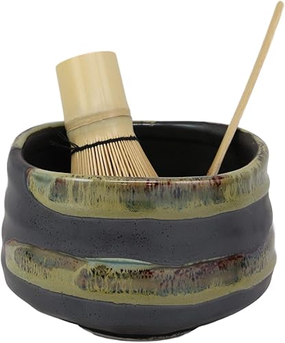Miniatura 1 de Ebros Gift Juego de 4 tazones de té matcha de cerámica esmaltada tradicional japonesa, juego de ceremonia de 21 onzas con batidor y cuchara de