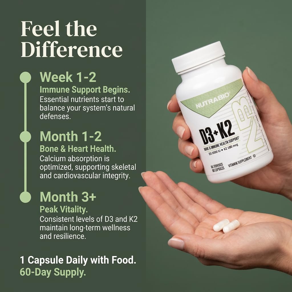 NutraBio Vitamin D3 K2 | 5000 IU D3 as Cholecalciferol with Vitamin K2 as MENA-Q MK7 (180mcg) | Support Bone and Heart Health | Non-GMO, Gluten Free, Lactose Free | 60 Vegetable Capsules — Amazon image 5