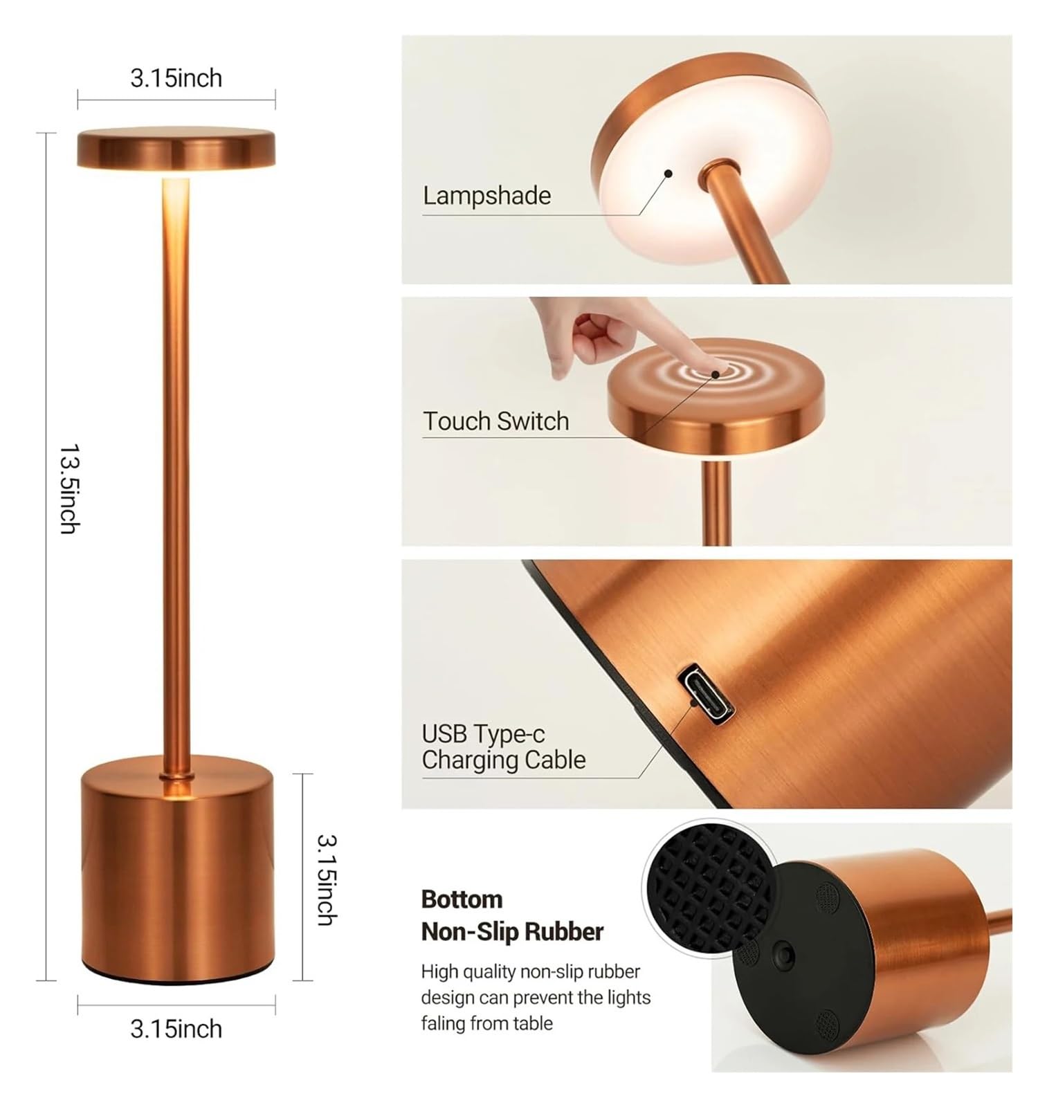 Lámpara LED de mesa con Sensor táctil, luz nocturna recargable de escritorio, lámpara de lectura for restaurante, Hotel, Bar, dormitorio, decoración