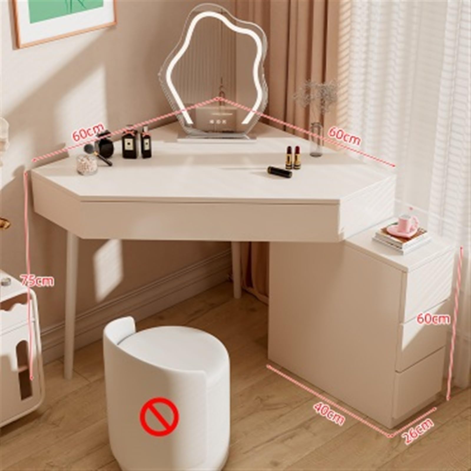 scrivania Vanity Desk moderno, tavolo da toilette ad angolo bianco, scrivania for trucco for piccoli spazi con specchio e 5 cassetti Gabinetto degli organizzatori(Piccolo)