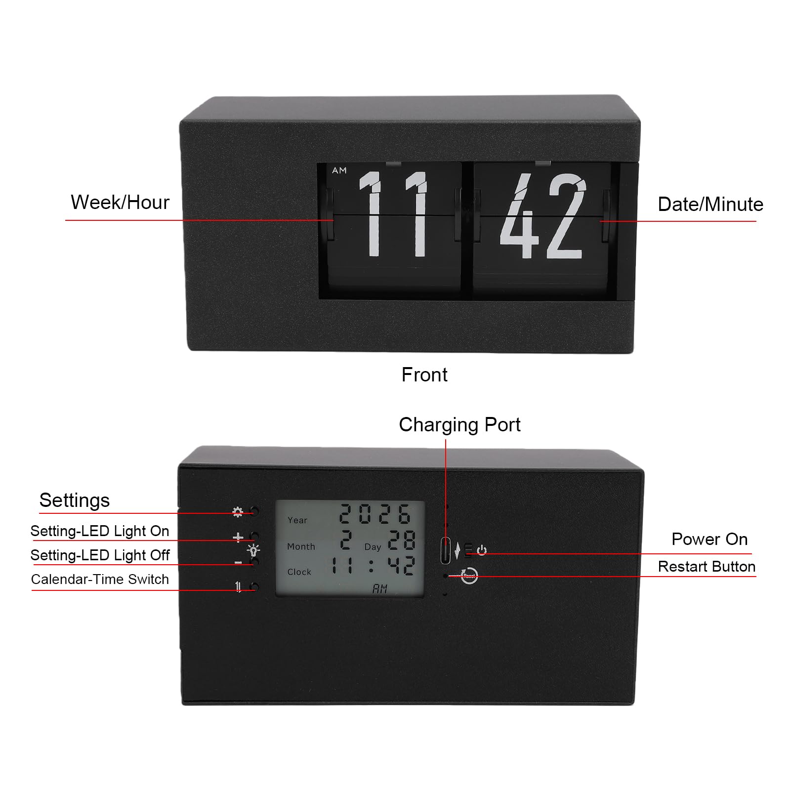 Orologio con calendario, display a LED, cambio automatico, 12 ore AM-PM, calendario perpetuo retrò (nero)