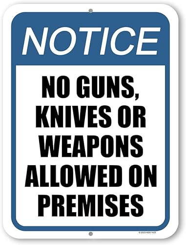 Honey Dew Gifts, Aviso No se admiten armas, cuchillos o armas en las instalaciones, 9 x 12 pulgadas, letrero de metal, letreros de advertencia