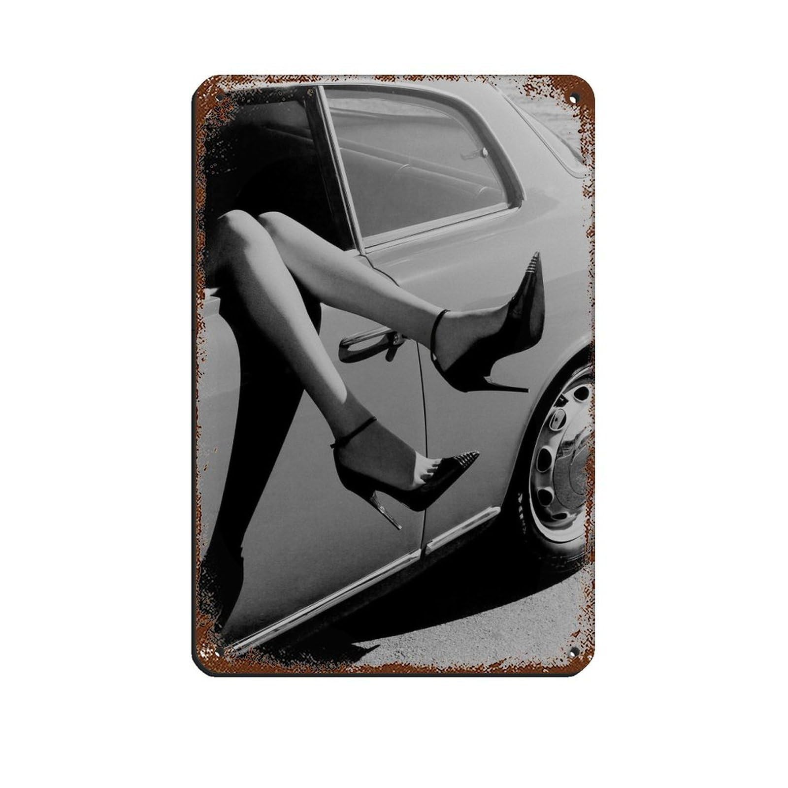 High Heels in Car Poster, Feminist Retro Poster Metal Tin Sign Chic Art Retro Iron Painting Bar People Cave Cafe Family Garage Poster Wall Decoration 8x12inch(20x30cm)