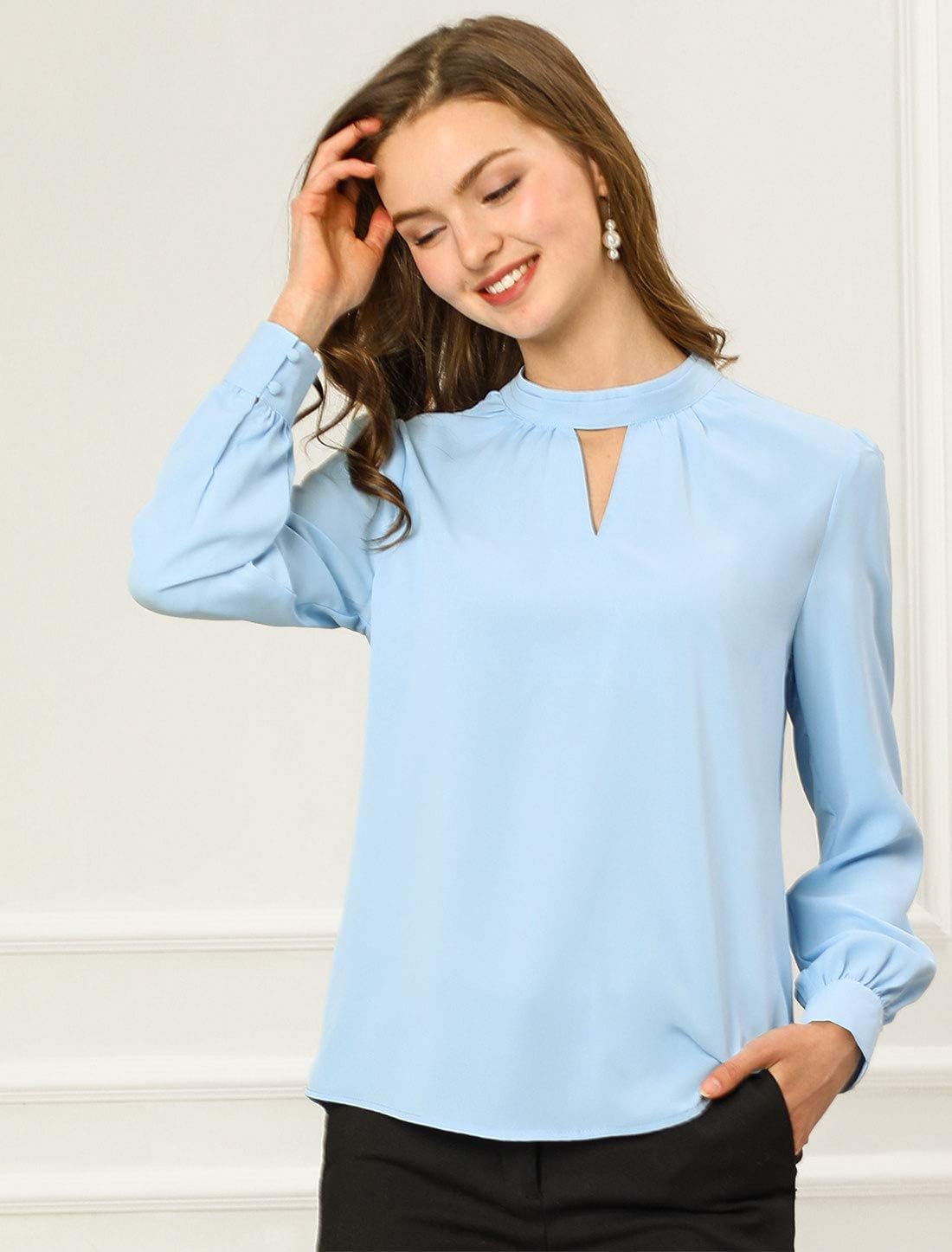 Allegra K Women's Work Tops Dressy Casual Shirts Mock Neck Keyhole Business Casual Long Sleeve Blouse - Image 2