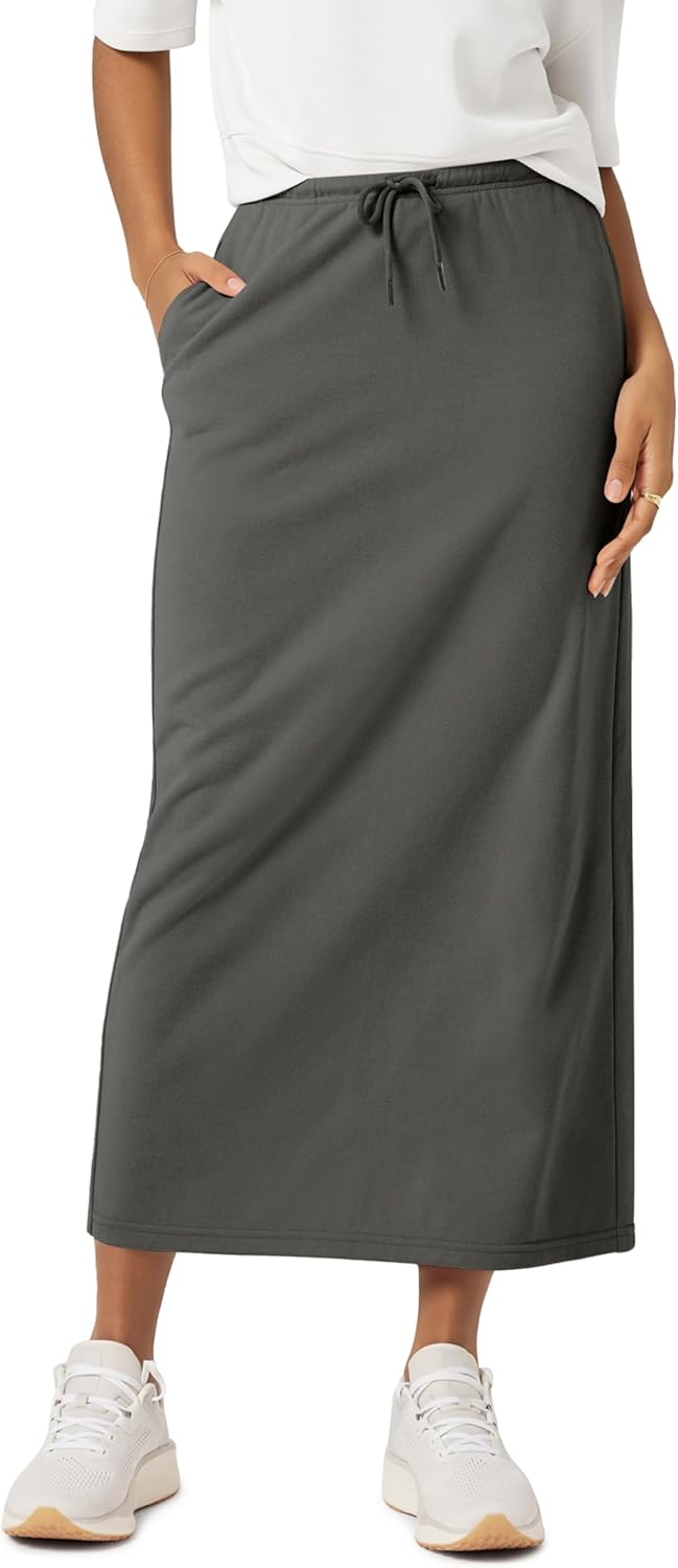ODODOS Women's Back Split Midi Skirt - Cotton French Terry Drawstring Tie High Waist Casual Long Pencil Skirts with Pockets