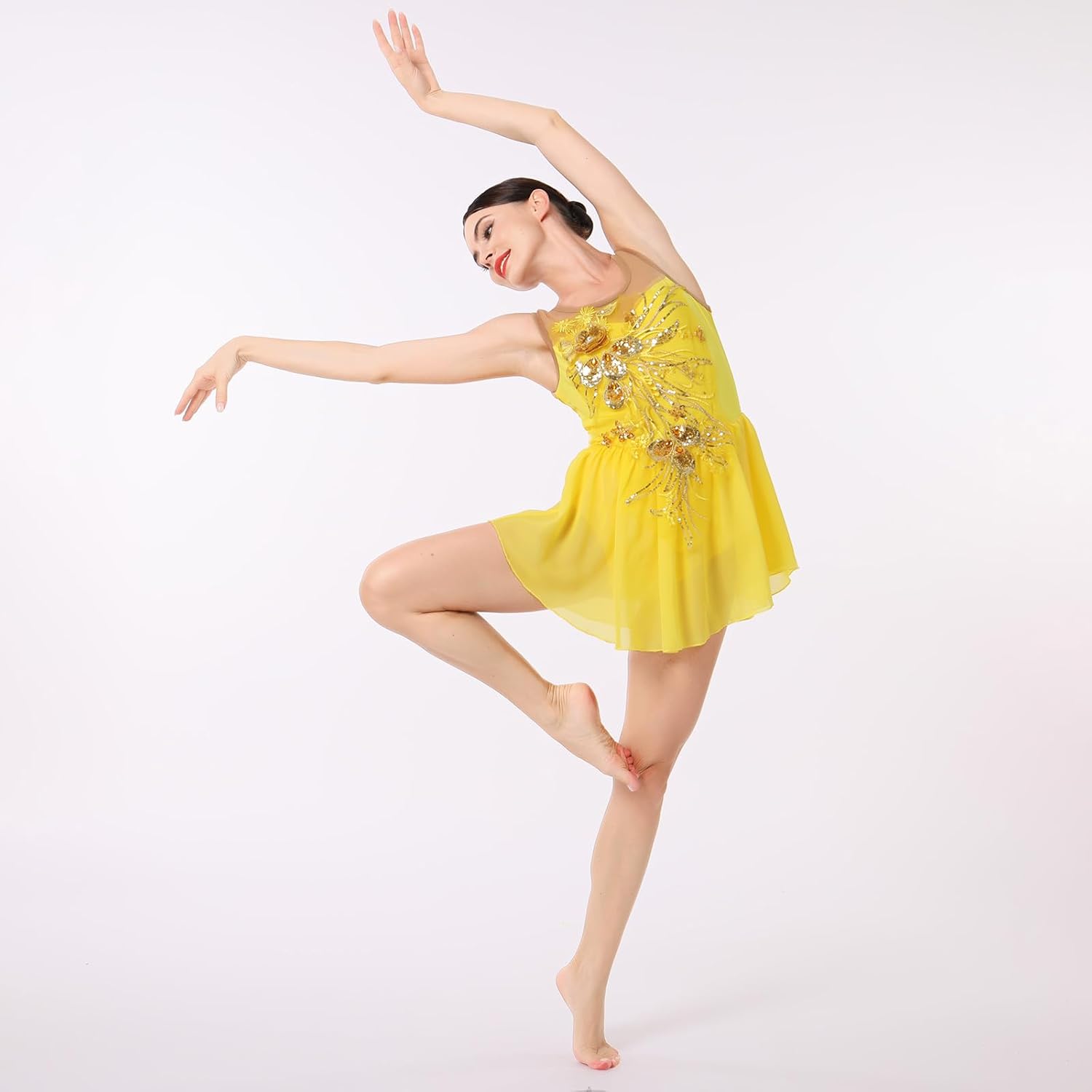 Women's Sleeveless Lyrical Dance Dress - Sheer Mesh Shiny Performance Costume For Figure Skating