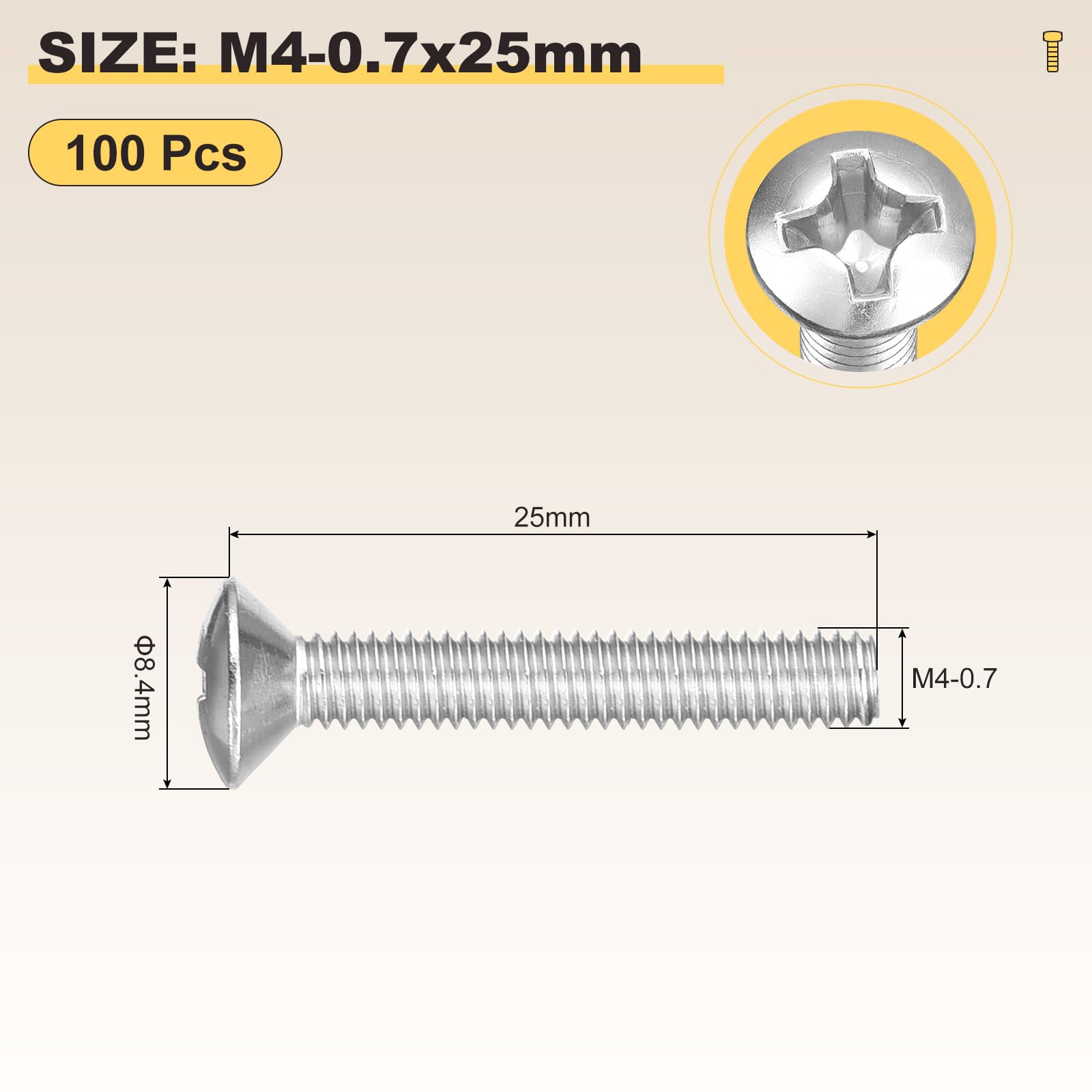 METALLIXITY Phillips Cross Recessed Countersunk Head Screws Bolts (M4-0.7x25) 100Pcs - Image 2
