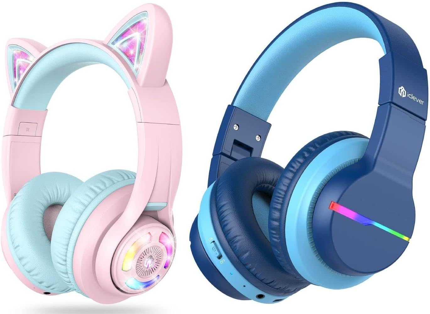 iClever BTH13 & BTH12 Kids Bluetooth Headphones Bundles, Colorful LED Lights Up, 74/85/94dB Volume Limited, Bluetooth 5.2, AUX Cable, Over Ear Kids Headphones Wireless for iPad/Tablet/Travel