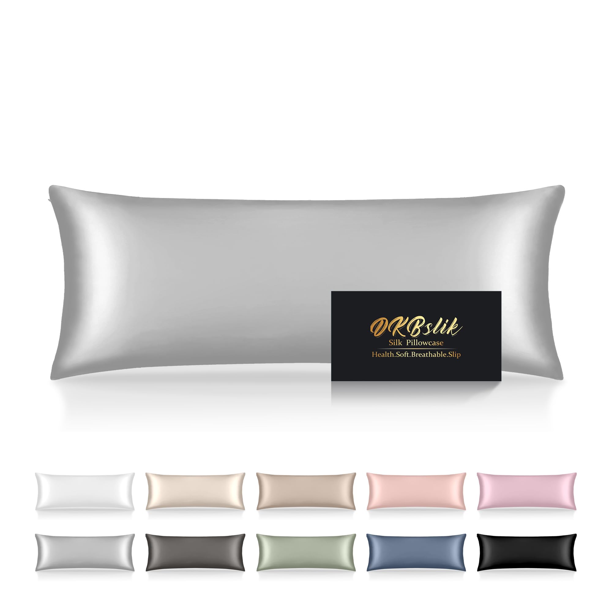 Silk Body Pillow Cases, Mulberry Silk Body Pillow Cover with Zipper, Smooth, Anti Acne, Cooling Sleep Both Sides Natural Silk Satin 20x54 Body Pillowcase, Gifts for Women Men, Grey