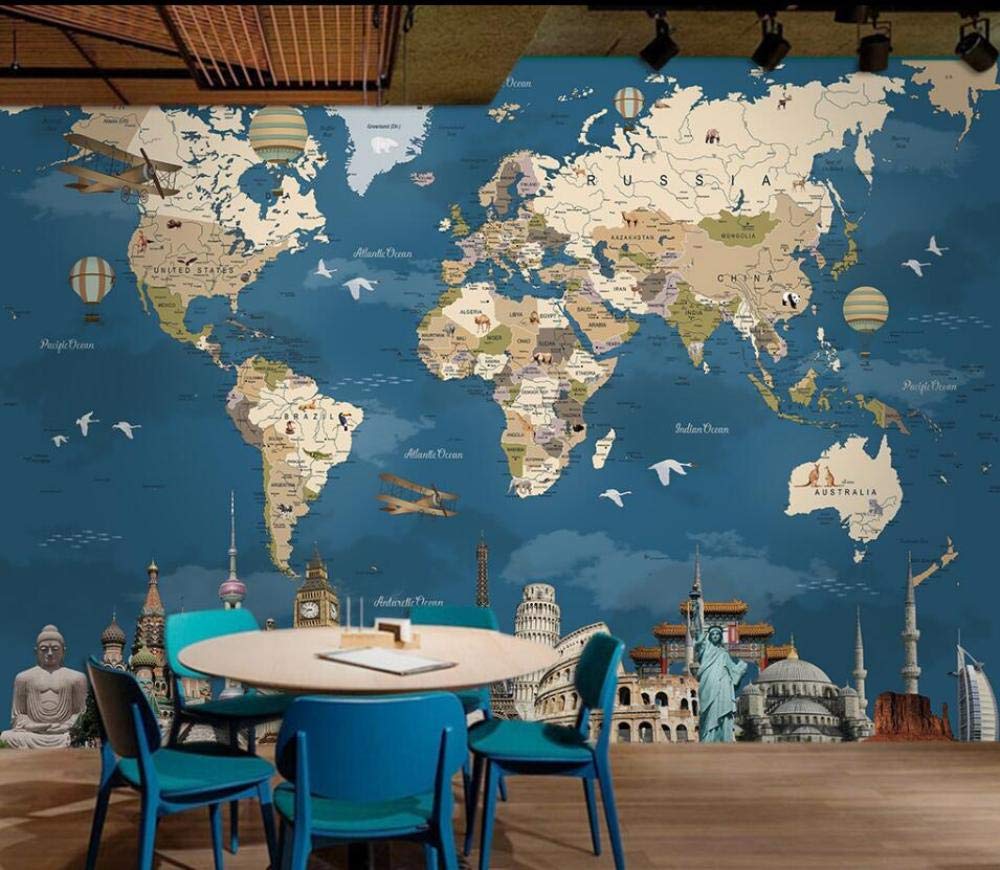 Papier peint carte du monde 3D rétro nostalgique 250x175 cm pour salon