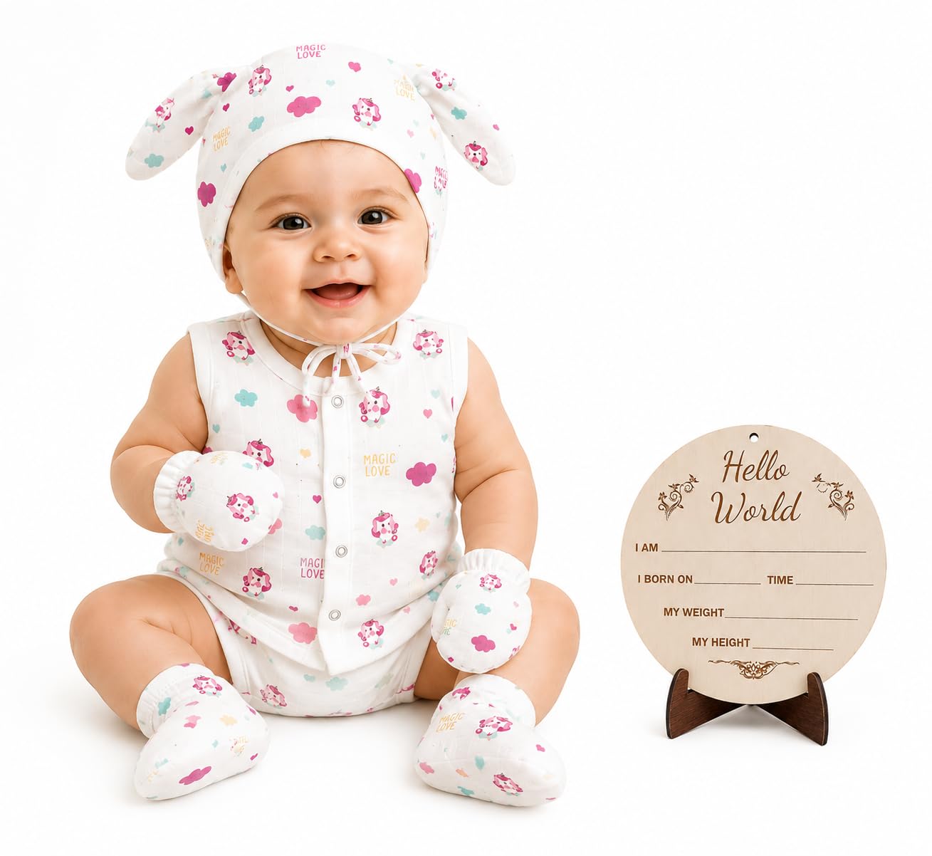 Newborn Baby Gift Set | 100% Muslin Cotton Cap, Pair of Mittens, Pair of Booties, 2 Muslin 3-Layer Baby Wipes & Wooden Baby Milestone Name Board-picture-23