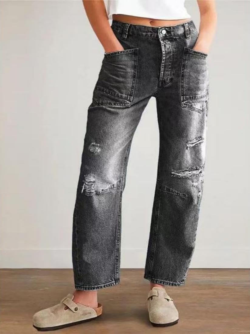 yoeasy Womens Distressed Barrel Jeans Mid Rise Wide Leg Baggy Denim Ankle Pants Ripped Boyfriend Jeans with Pockets