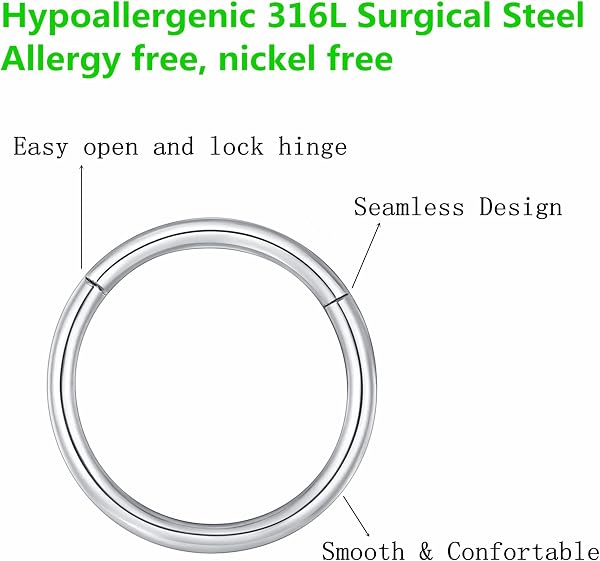 BLESSMYLOVE Nasenring Hoop 316L Chirurgenstahl Knorpelohrring Septum Clicker Ring 0,8 mm 1,0 mm 1,2 mm 1,6 mm 2,0 mm Edelstahl Klappbarer Segmentring Lippenring Conch Daith Helix Rook Tragus Lobe Snug Ear Body Piercing Schmuck - 2