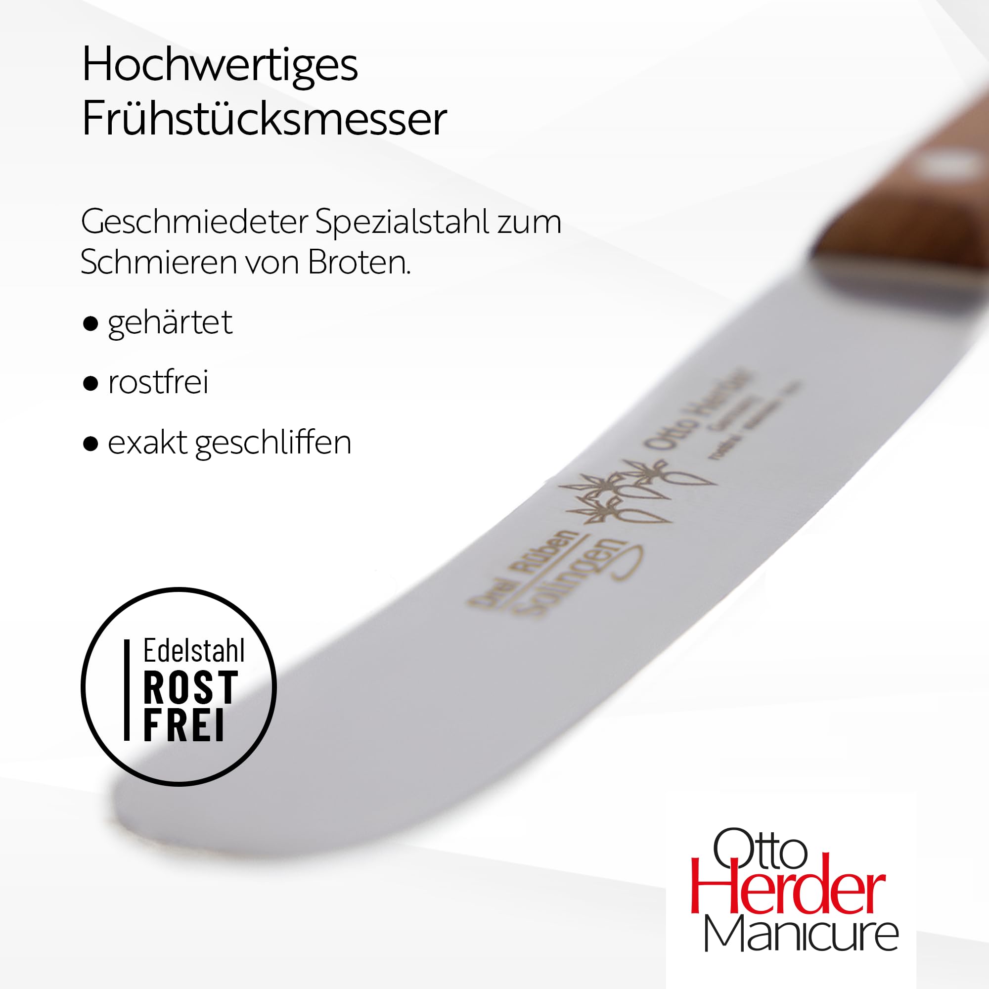 Otto Herder Buckelsmesser Solingen, Frühstücksmesser 22,5 cm, Brötchenmesser, breite Klinge aus Edelstahl rostfrei, mit Griff aus Pflaumenholz