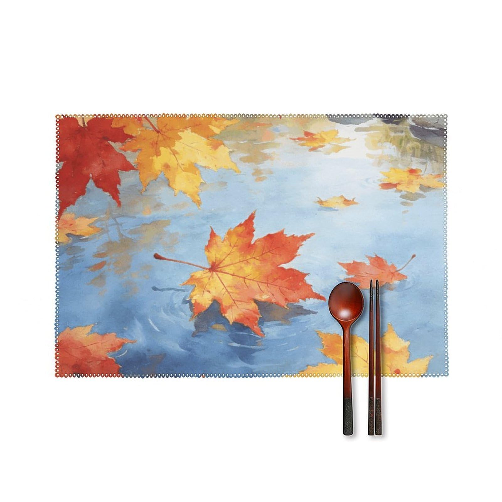 Fall Maple Leaves Placemats Set of 6, 12x18 Inch Heat Resistant Washable Canvas Table Mats, Stain Resistant Decorative Dining Placemats for Kitchen, Restaurant, Outdoor Party