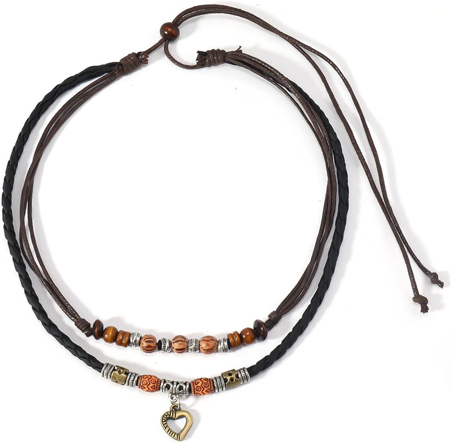 HETICA Western Layered Boho Wood Beads Choker Necklace Luck Copper Coins Heart Shaped Flower Braided Necklace Retro Fashion Adjustable Hemp Cords Wood Beads Beaded Choker Necklace for Women - Image 7