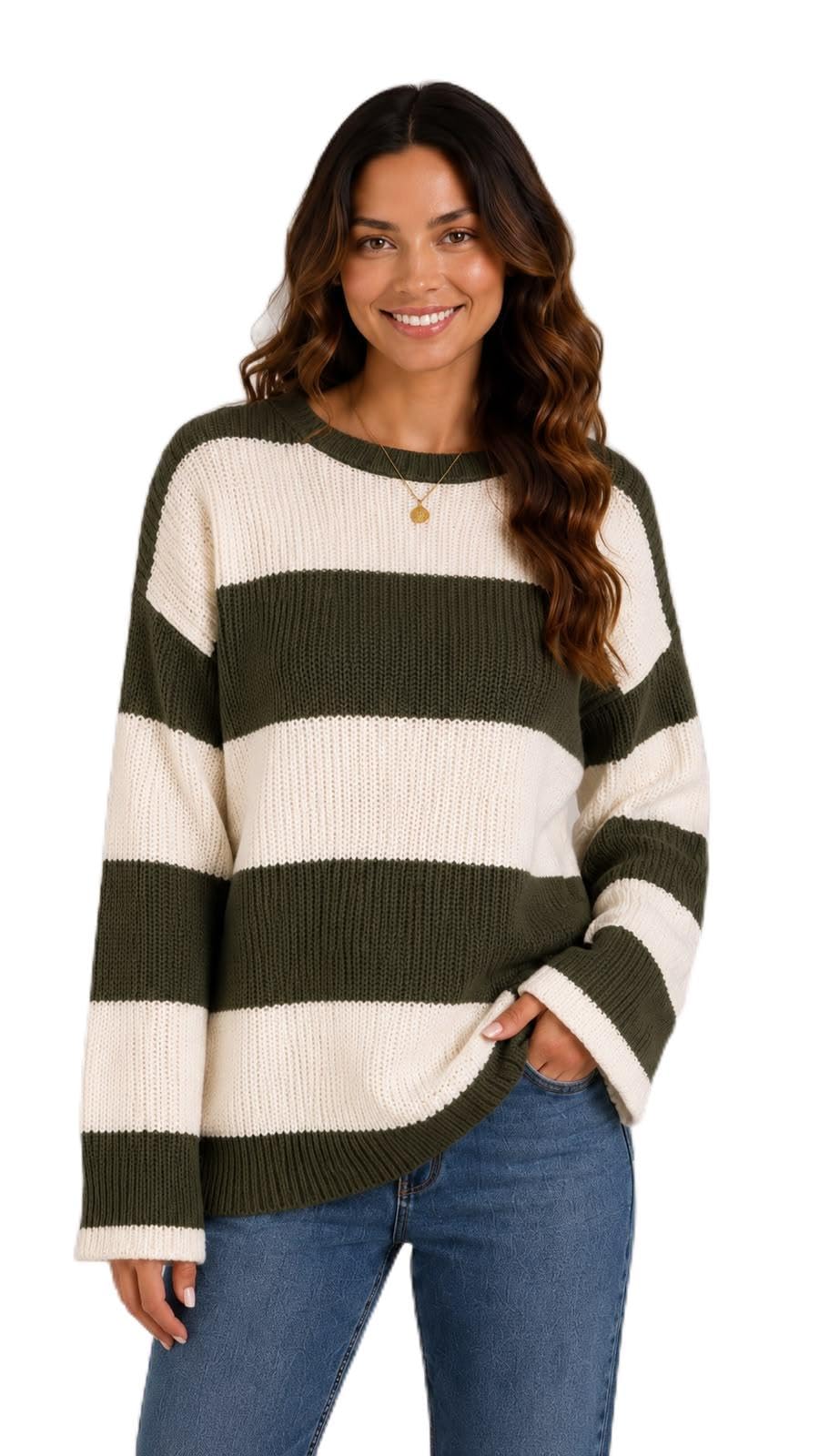 Women's Oversized Striped Knit Pullover Sweater, Olive and Cream-picture-52
