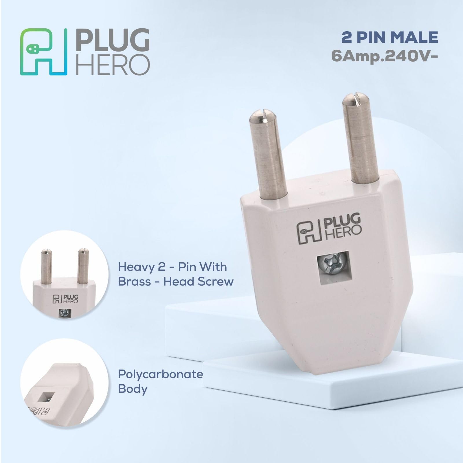 PLUG HERO 2 Pin Male Plug Top – 6A 240V | Universal Electric Connector for Mixers, Fans, Trimmers, Hair Dryers, Air Coolers | Durable, Shock-Proof, Easy to Use Plug (Pack of 5) 1