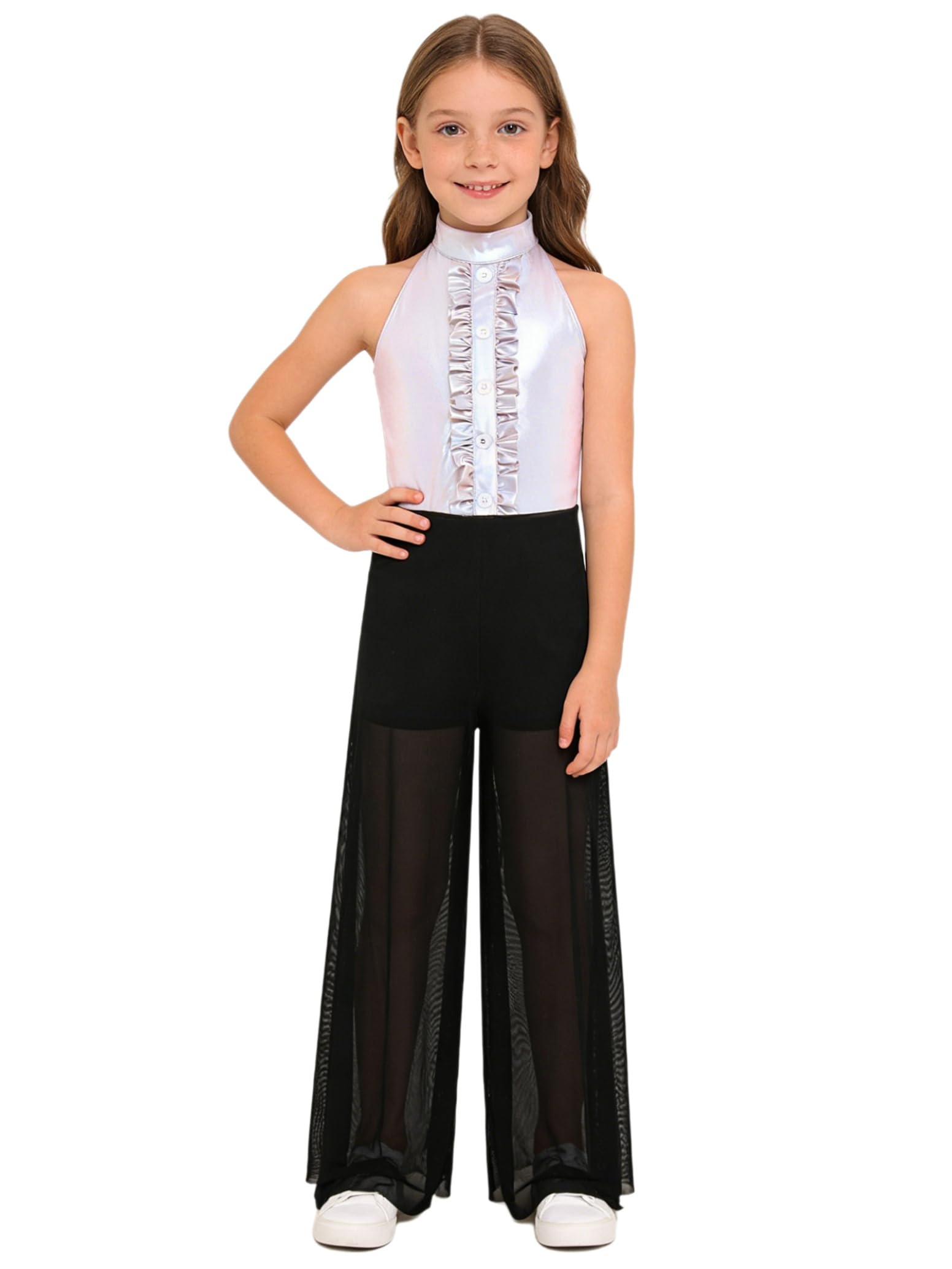 inlzdz Kids Girls Hip Hop Dance Outfits Retro 70s 80s Rock Disco Costume Flowy Mesh Overlay Pants Romper Silver 9-10 Years