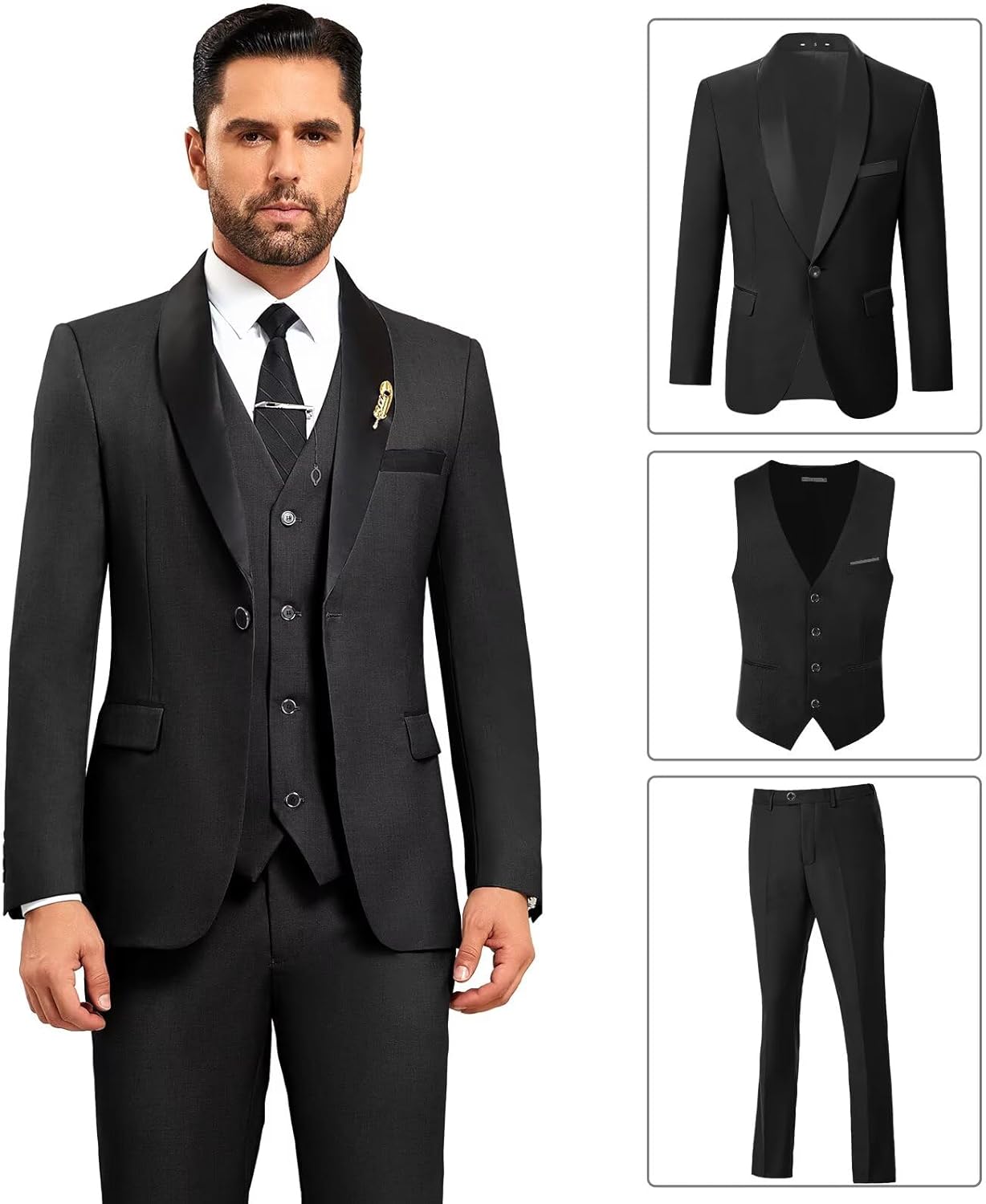 Mens Suit 3 Piece Formal Shawl Lapel Tuxedo for Men Wedding Suits One Button Jacket Vest Pants Set - Image 5