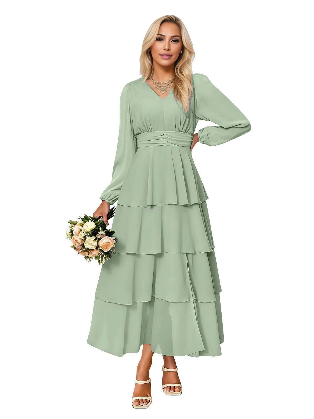 Long Sleeve Tiered Bridesmaid Dresses with Slit Chiffon V Neck Ruffle Fall Formal Wedding Guest Dresses for Women