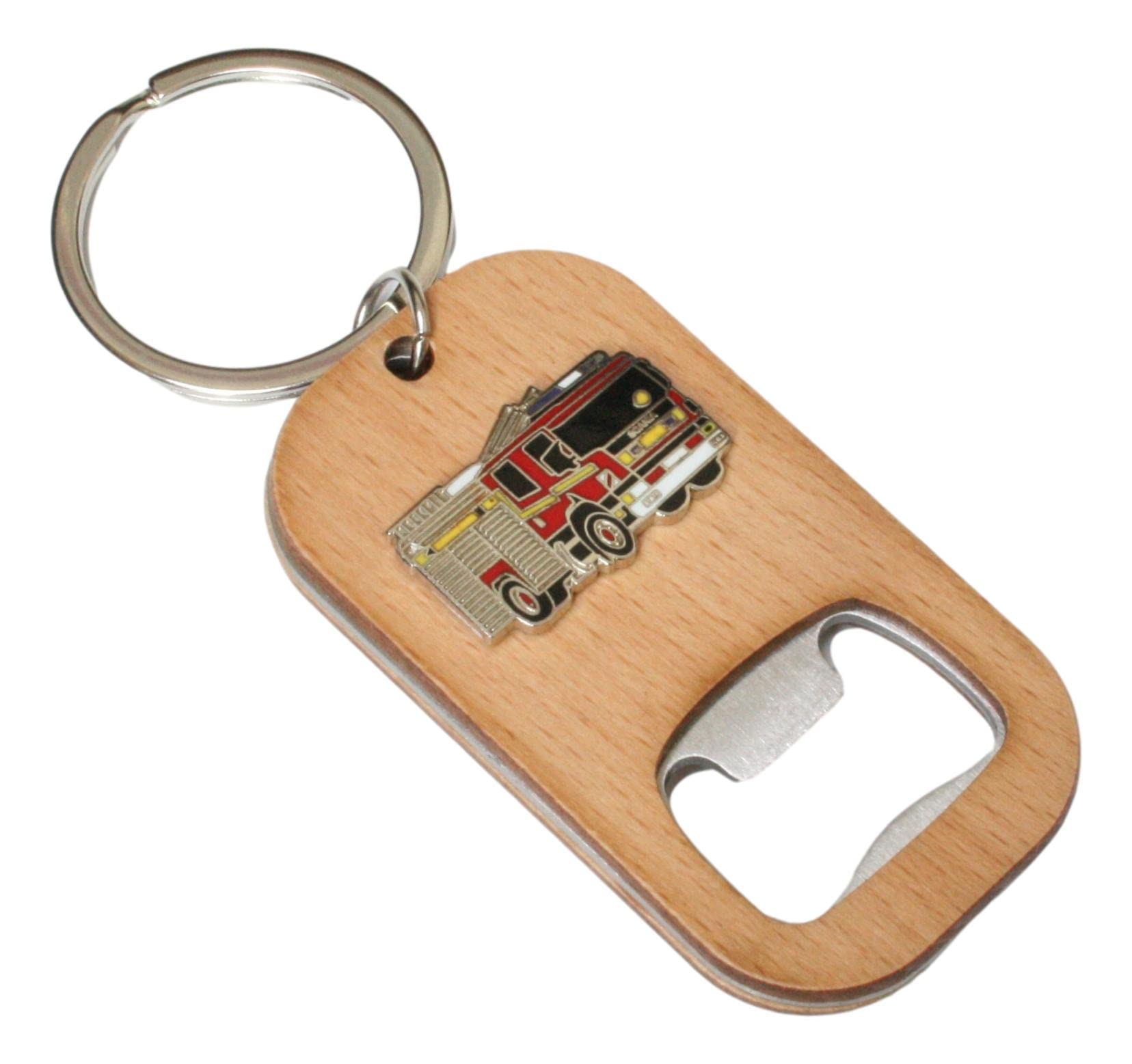 Fire Engine Keyring Bottle Opener Wooden Stainless Steel Key Chain Gift 127