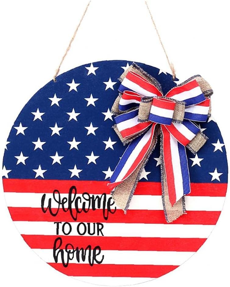 Hainice Front Door Hanging Plaque Welcome to Our Home Sign Farmhouse Wooden Round Plaque Independence Day Decor with Bow for Door, Entrance, Porch of Home : Office Products