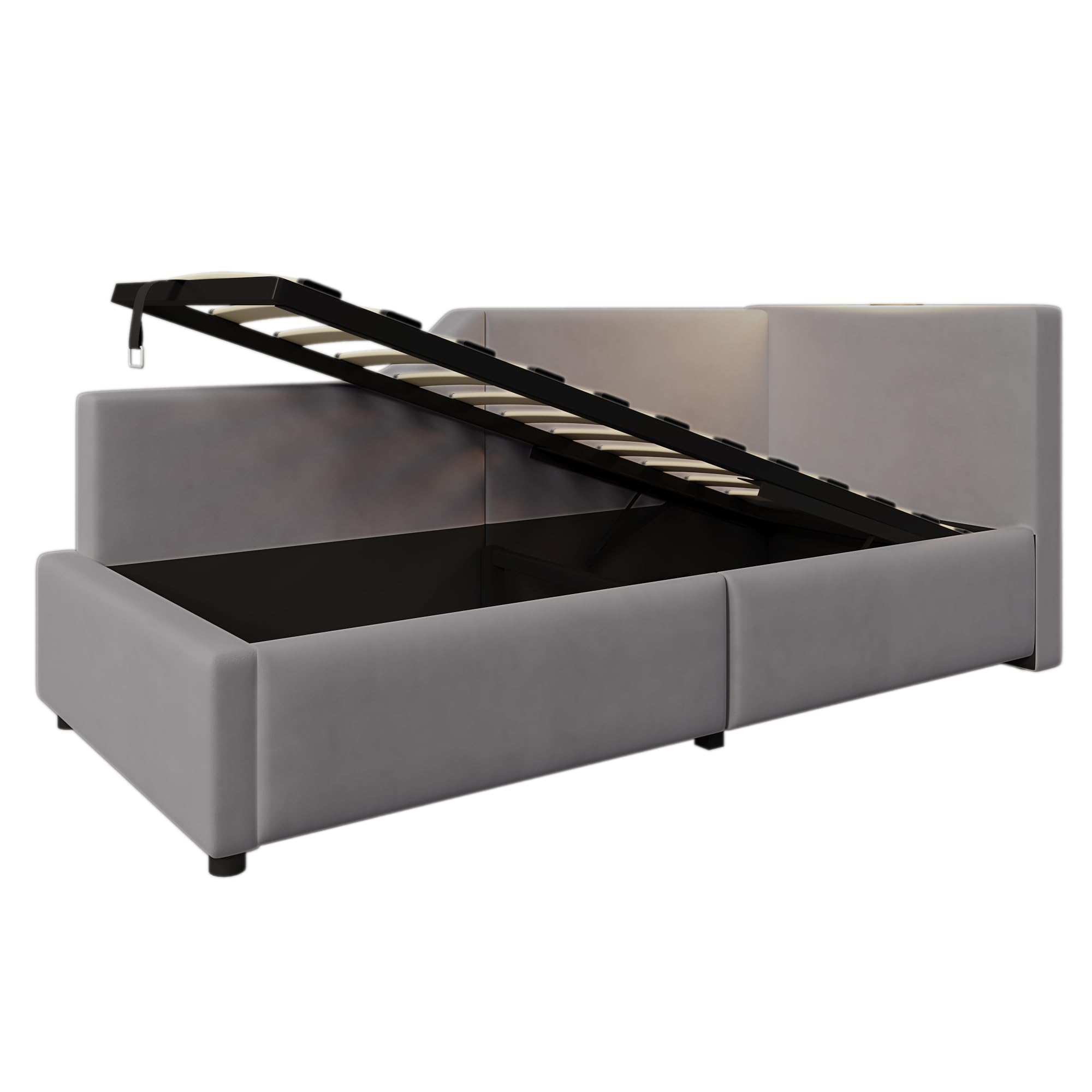Moimhear Cama tapizada, 90 x 190 cm, sofá cama con almacenamiento hidráulico, función de luz de lectura y función de carga USB-C, cama infantil, cama juvenil con somier de madera, terciopelo, gris