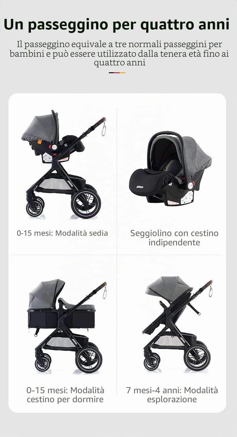 GLOKID Passeggino 3 in 1，Passeggino Canne，Trio，Con Seggiolino Accessori，Adattatori universali，Passeggino per bambini fino a 25 kg，4 ruote con ammortizzatori，navicella，grandi ruote (X1 Rosa)