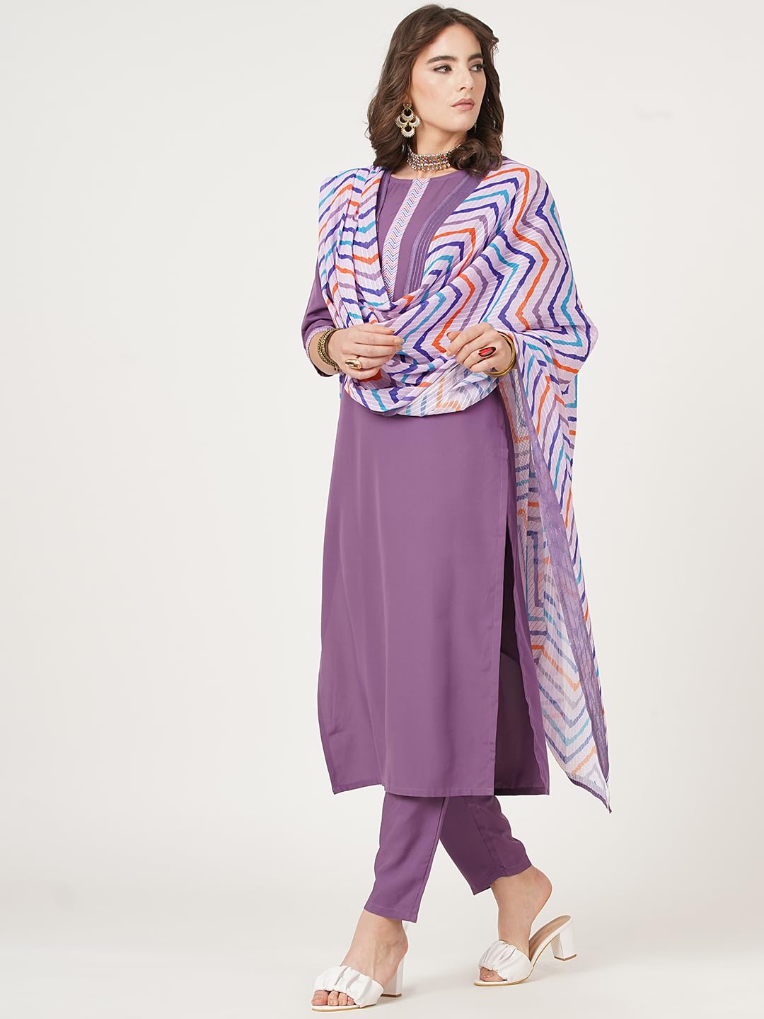 Shiv Textilesdigital Printed Round Neck Polyester Straight Kurta Set For Womens (205-Lavender-S)