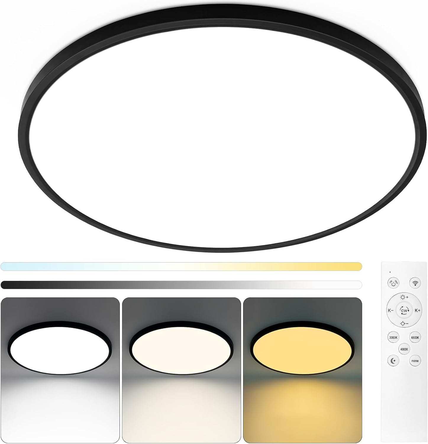 20 Inch Black Led Ceiling Light, Dimmable with Remote Control, Modern, Ultra Thin Flush Mount, Round Light Fixtures, 48W, 4800 Lumen, for Bedroom, Living Room, Kitchen, Dining Room Black 19.7 inch