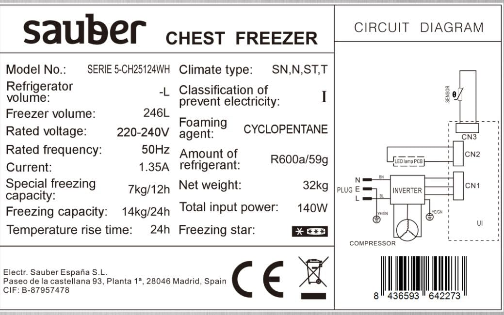 Sauber - Congelador Horizontal SERIE 5-CH251 24WH - Eficiencia energética: E - Ancho: 96 X 55 cm - 251 litros - - Luz LED en PUERTA - ENTREGA Y RETIRADA USADO EN DOMICILIO INCLUIDA