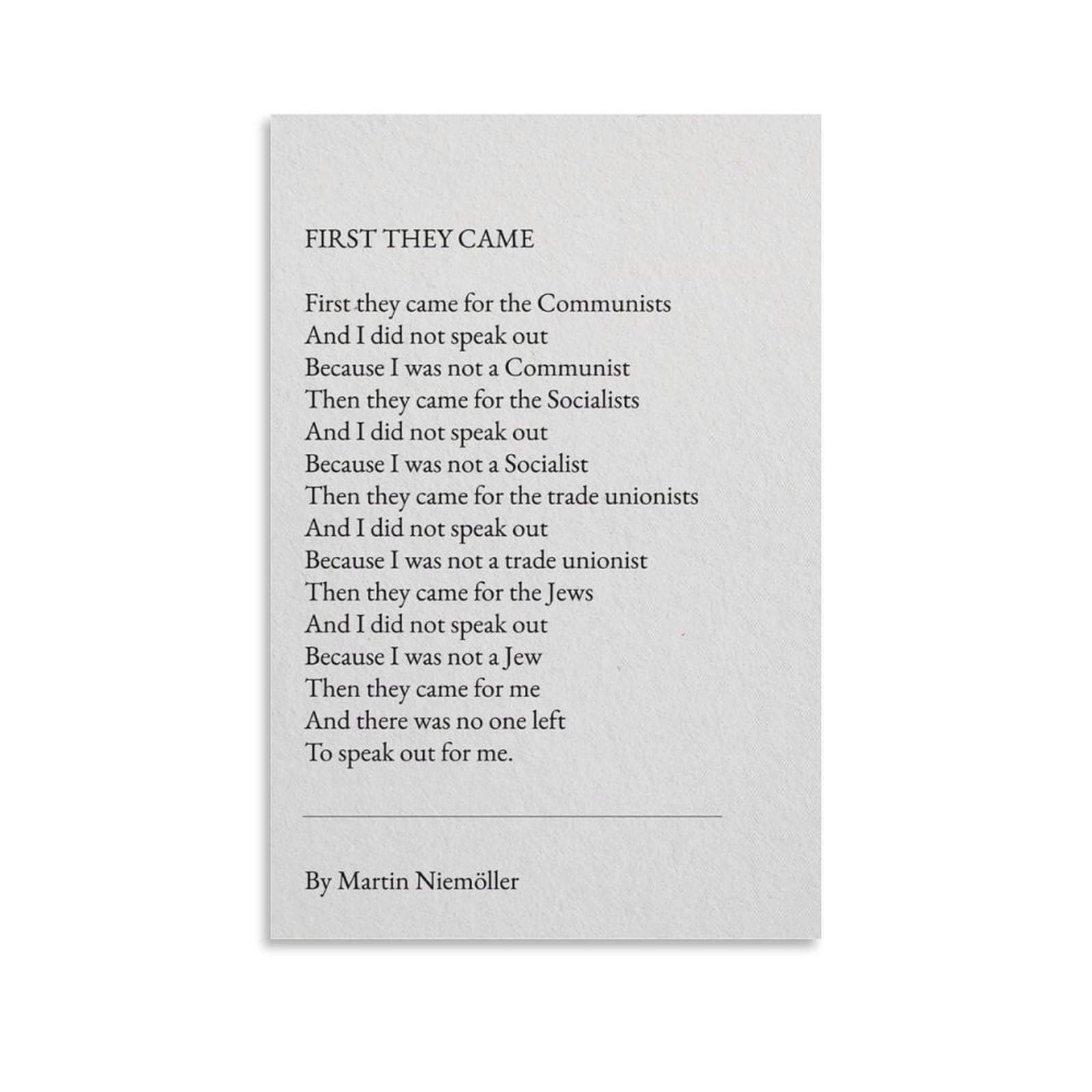JRBJWYVV Holocaust Remembrance Poster: First They Came Poem by Martin Niemoller - Inspirational Historical Quote Print for Study Office Wall-Art(Framed,12x18inch(30x45cm))