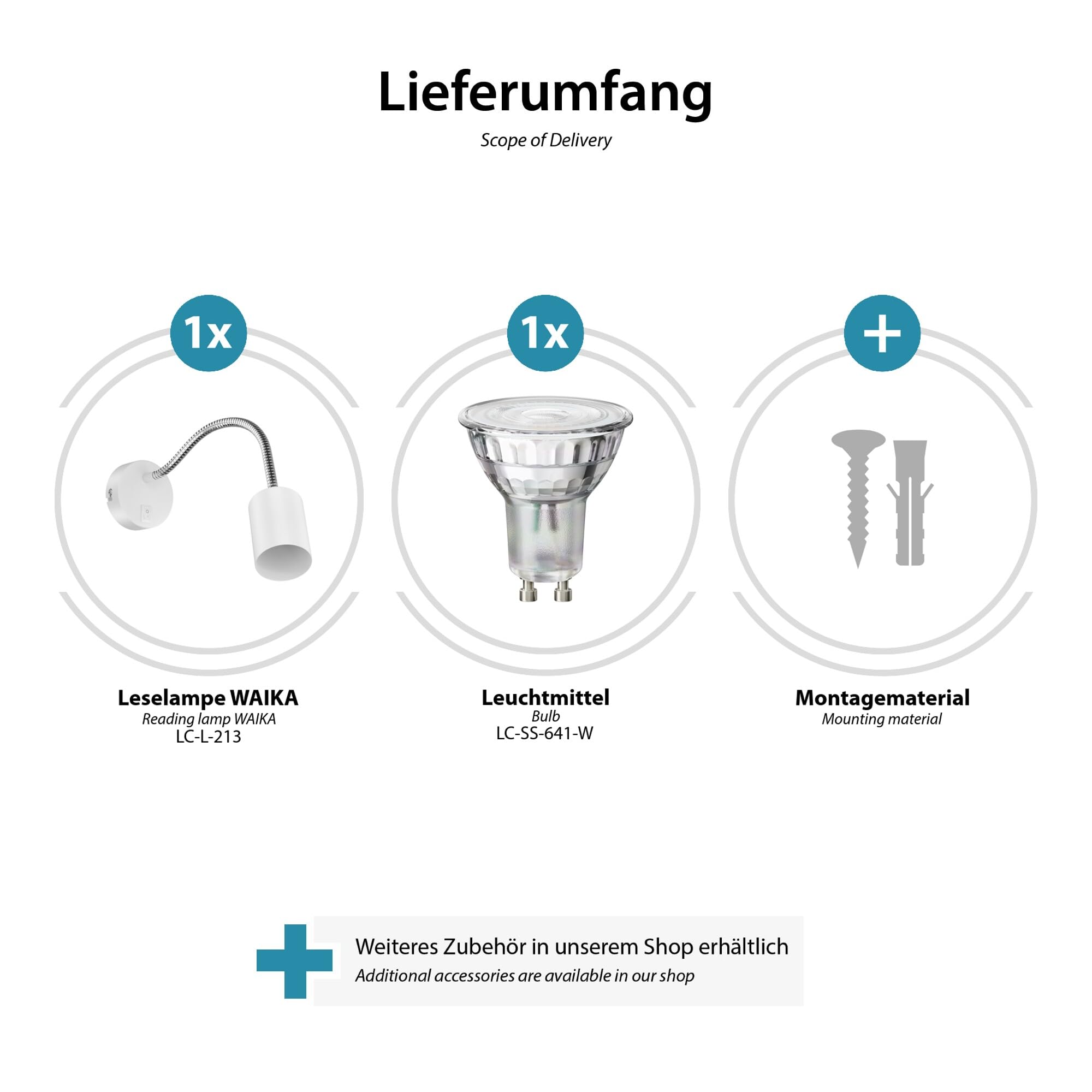 ledscom.de 2x Leselampe WAIKA mit Schwanenhals und Schalter weiß matt, inkl. GU10 LED Lampe (weiß, 5,3W, 504lm, 44°)