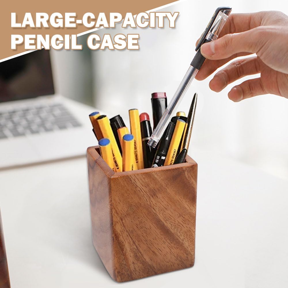 Portapenne in Legno Portamatite Quadrato in Noce Elegante Portapenne da Scrivania Ufficio Porta Pennarelli Legno per Cancelleria,Scrivanie,Uffici,Scuola(10 * 8 * 8 cm)