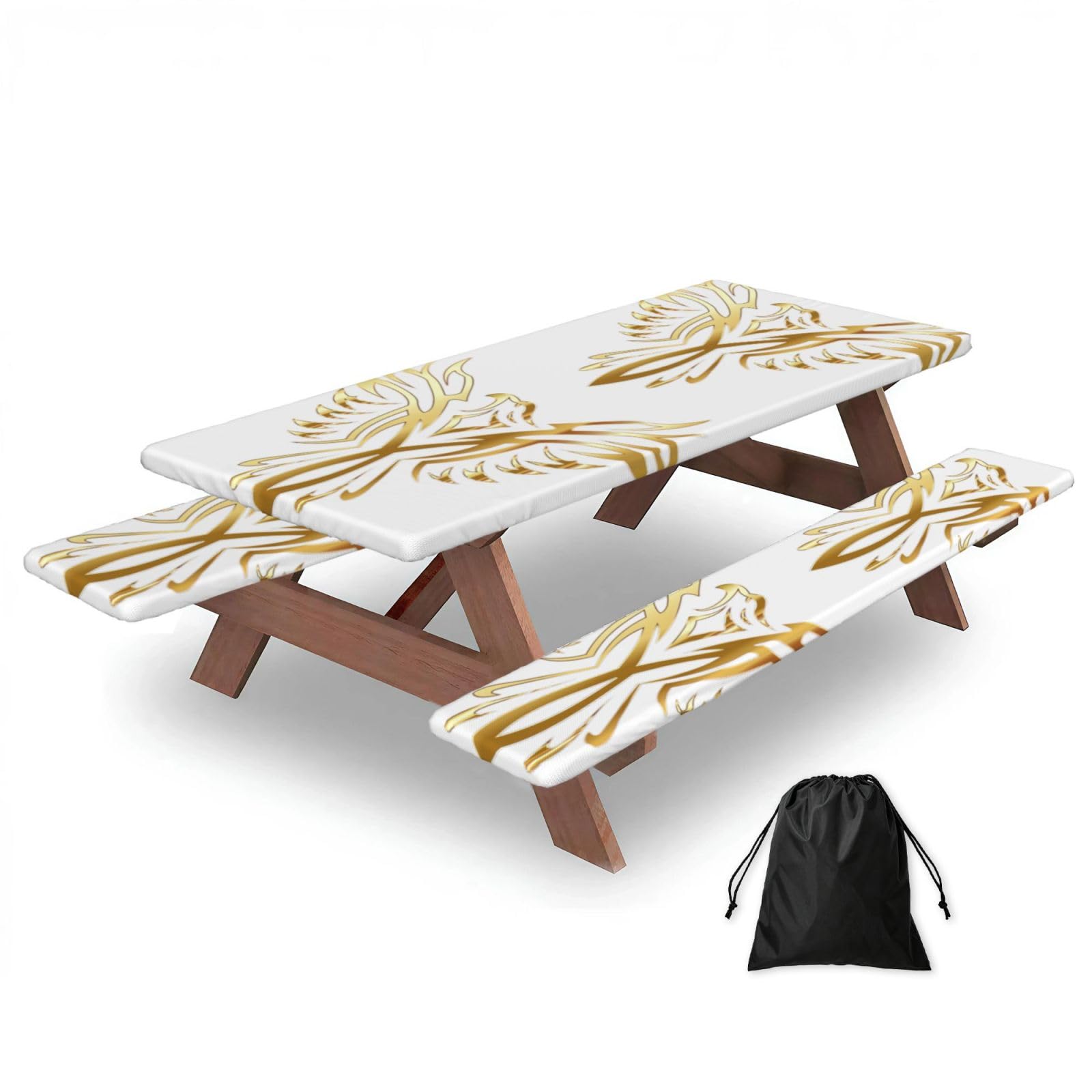 Duwaa Black Phoenix Print 183Cm Picnic Table Cover With Bench Covers, Waterproof Elastic Tablecloth Set For Outdoor