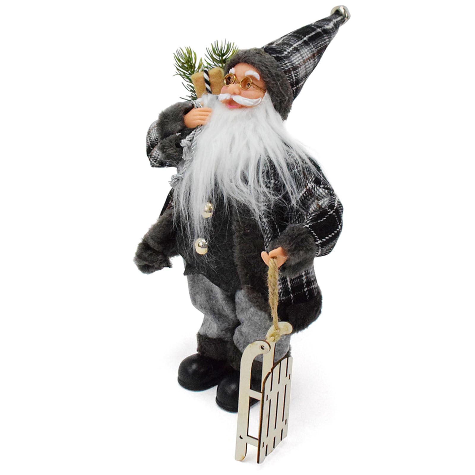 Figurine de Père Noël avec traîneau en tissu écossais pour décoration de table