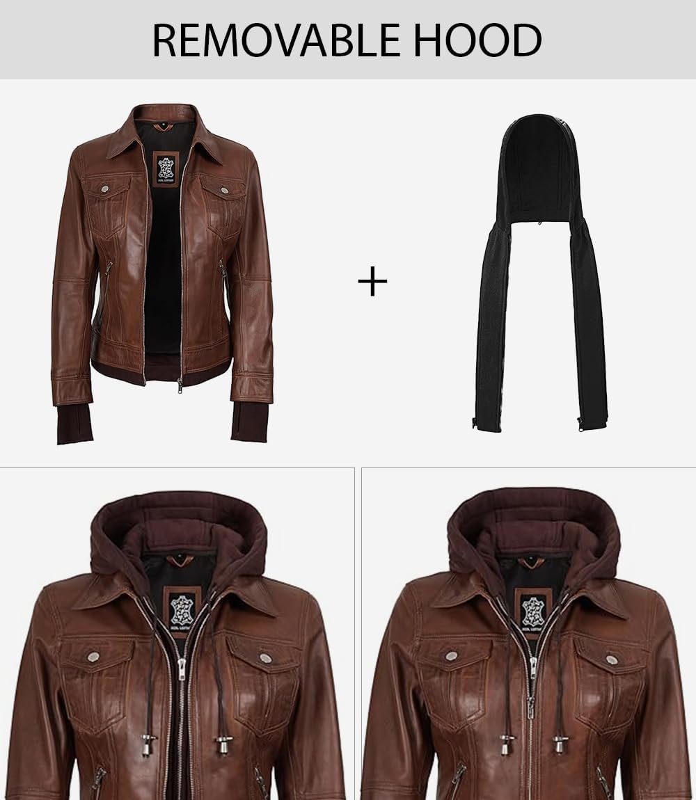 fjackets Hooded Leather Bomber Jacket Women - Real Lambskin Womens Leather Jacket with Removable Hood - Image 3