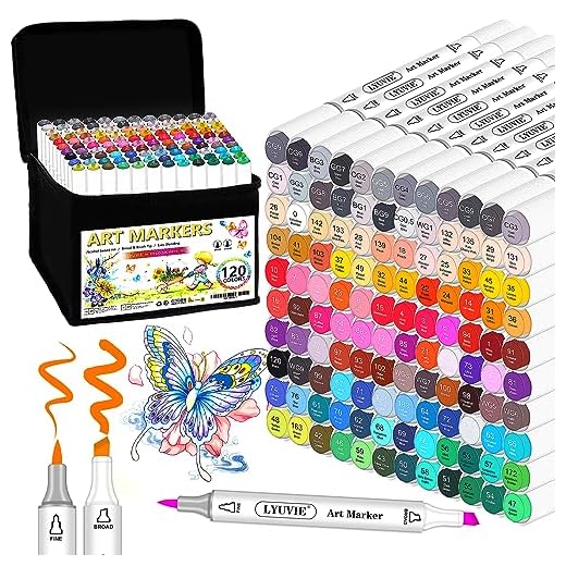 Lyuvie 120 Colores Marcadores Rotuladores Alcohol-Permanente Rotuladores Doble Punta de Alcohol con Cincel & Punta Pincel,Rotuladores Profesionales para Adultos Niños Pintar Manga Dibujar