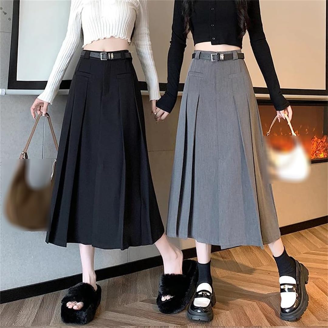 Genérico Falda midi elegante de talle alto con corte en A for mujer: falda larga plisada en negro for otoño/invierno